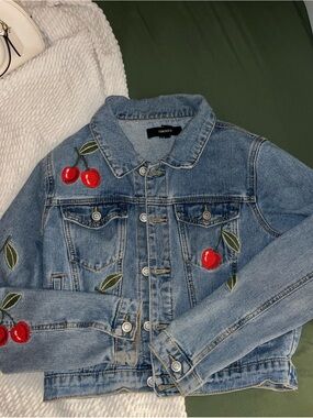 Forever 21 Light Blue Denim Jacket with Red Cherry Embroidery